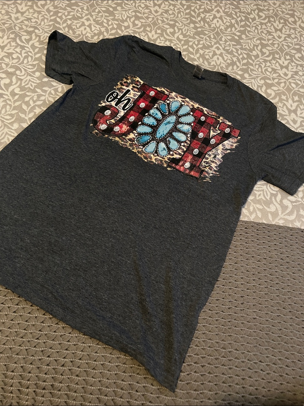Gildan Dark Gray Kids Tee with Red Plaid & Turquoise Accent